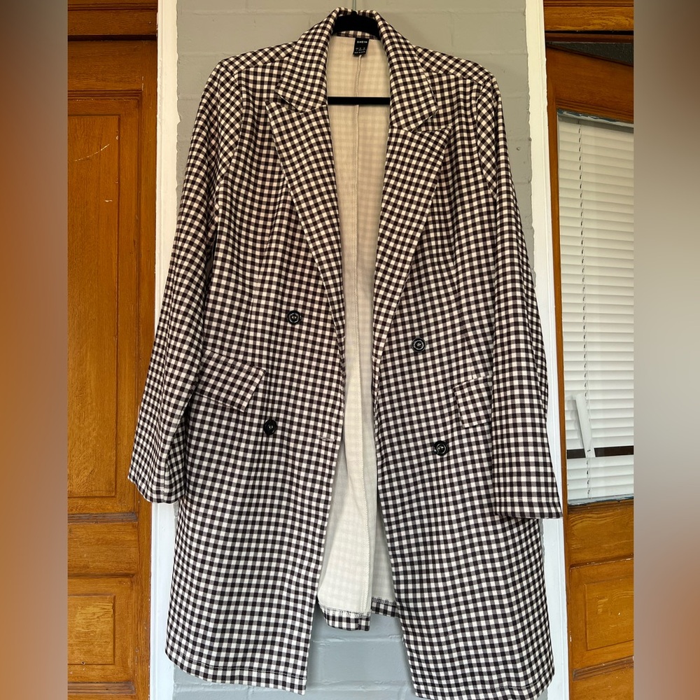 Gingham Print Flap Detail Long Blazer